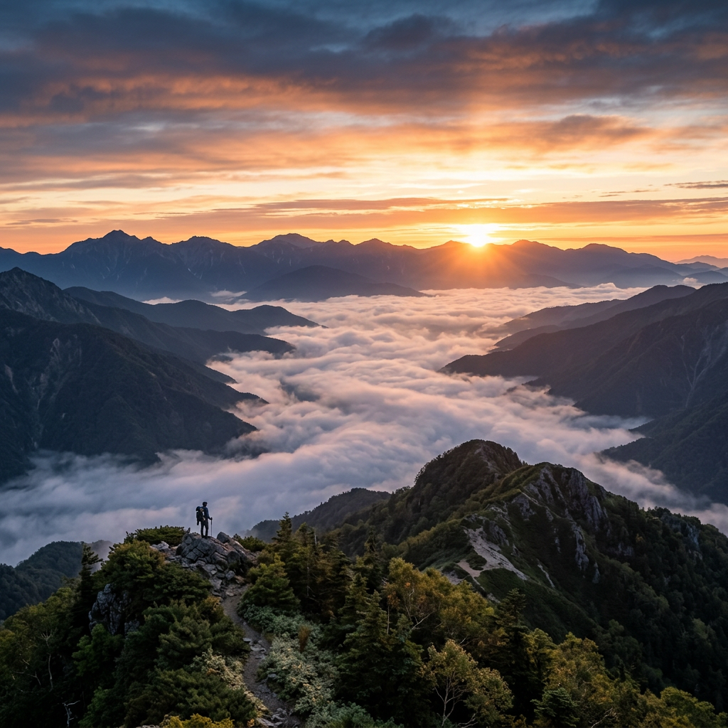 Lone hiker overlooking mountains and clouds at sunrise
